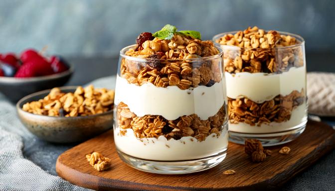 chilled Greek yogurt parfait with crunchy granola