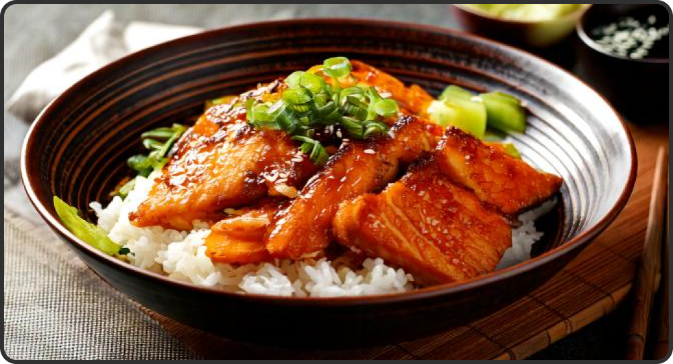 warm teriyaki salmon rice bowl